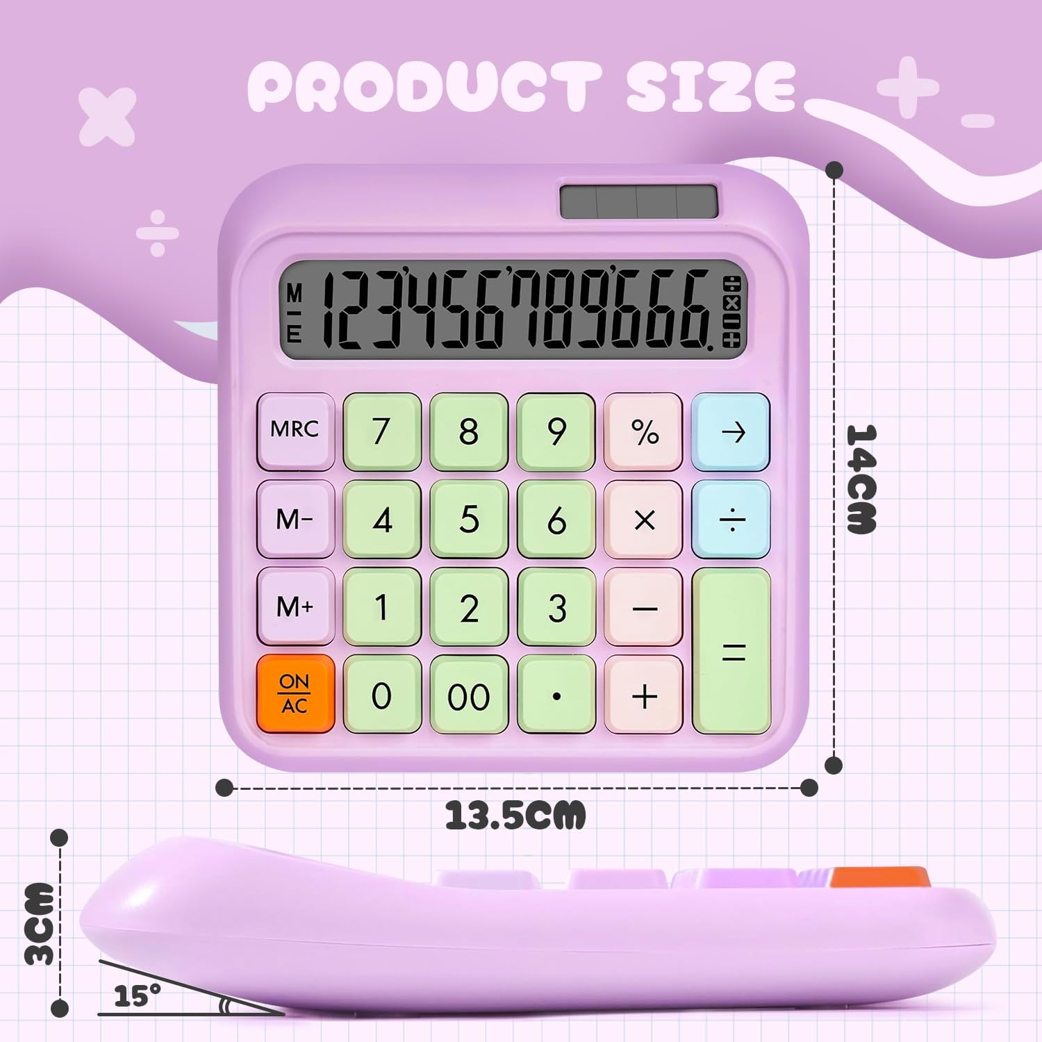 Sonicefit Mechanical Switch Basic Calculator 12 Digits, Solar/Battery Dual Power, Tactile Keys & Large LCD Display, Cute Aesthetic Desktop Calculators for Office School Business Home (Purple)
