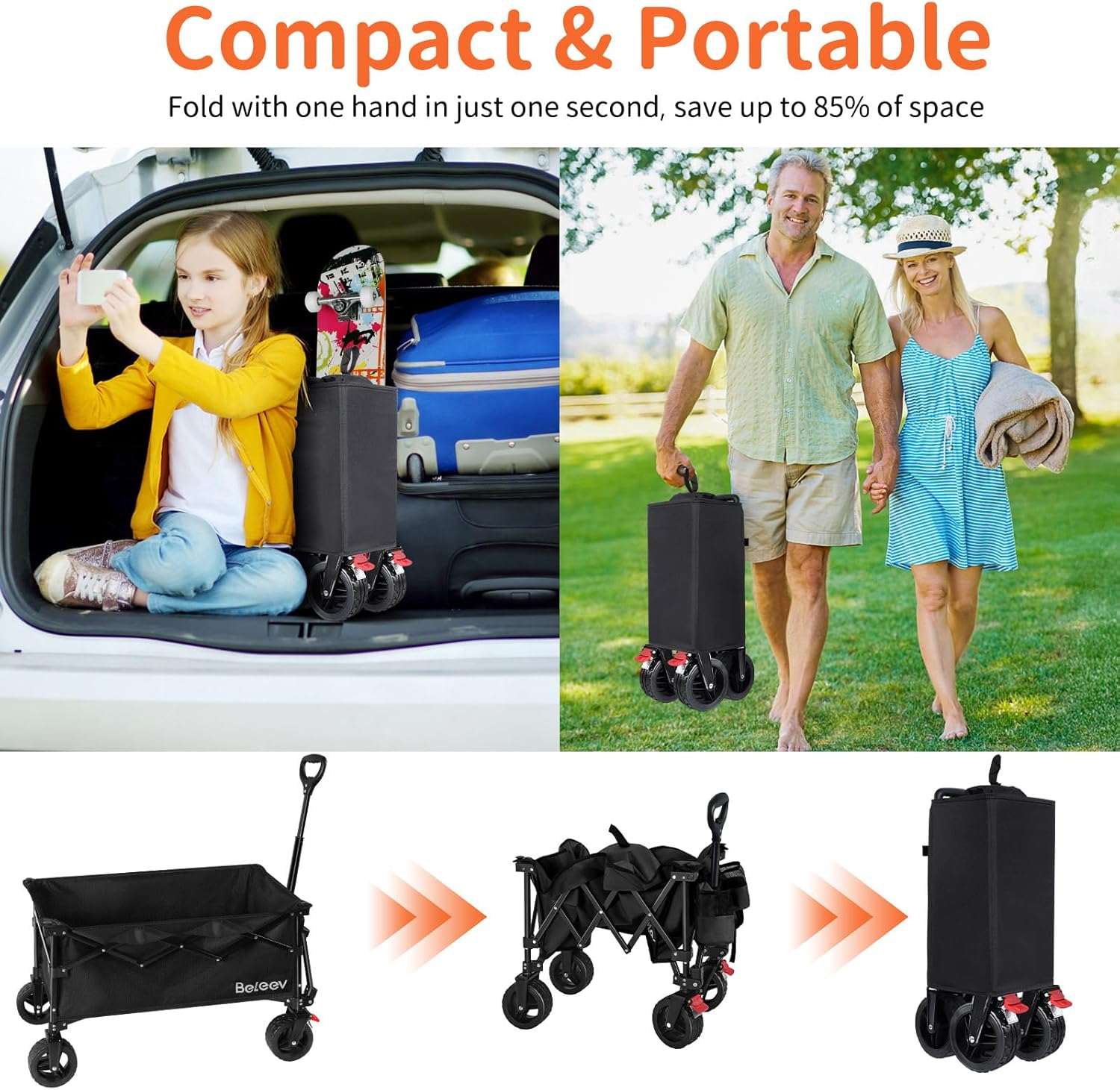 BELEEV Collapsible Wagon Cart, Heavy Duty Foldable Utility Cart with 6" All-Terrain Big Wheels, 130L Large Capacity, Side Pocket & Drink Holders for Beach Grocery Garden Camping Sports Shopping(Black) image number 1