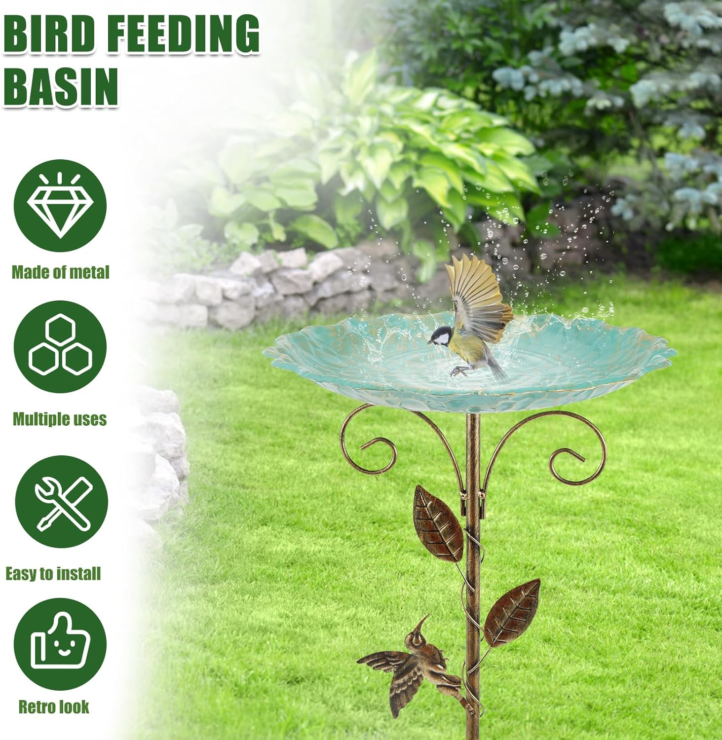 1Set Decorative Metal Bird Bath, Easy Maintenance Vintage Freestanding Birdbaths and Supports for Garden Patio Yard Lawn Decor 77X25.5X25.5Cm