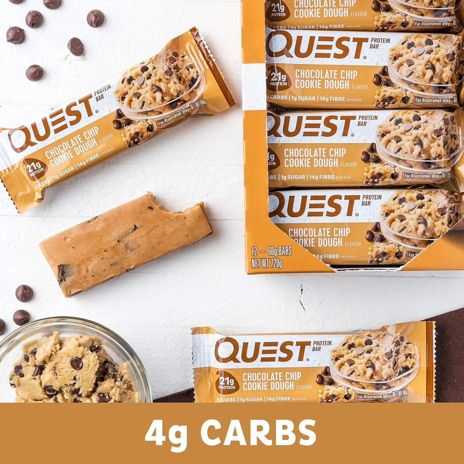 Quest Nutrition Chocolate Chip Cookie Dough Protein Bar, High Protein, Low Carb, Keto Friendly, 4 Count image number 6