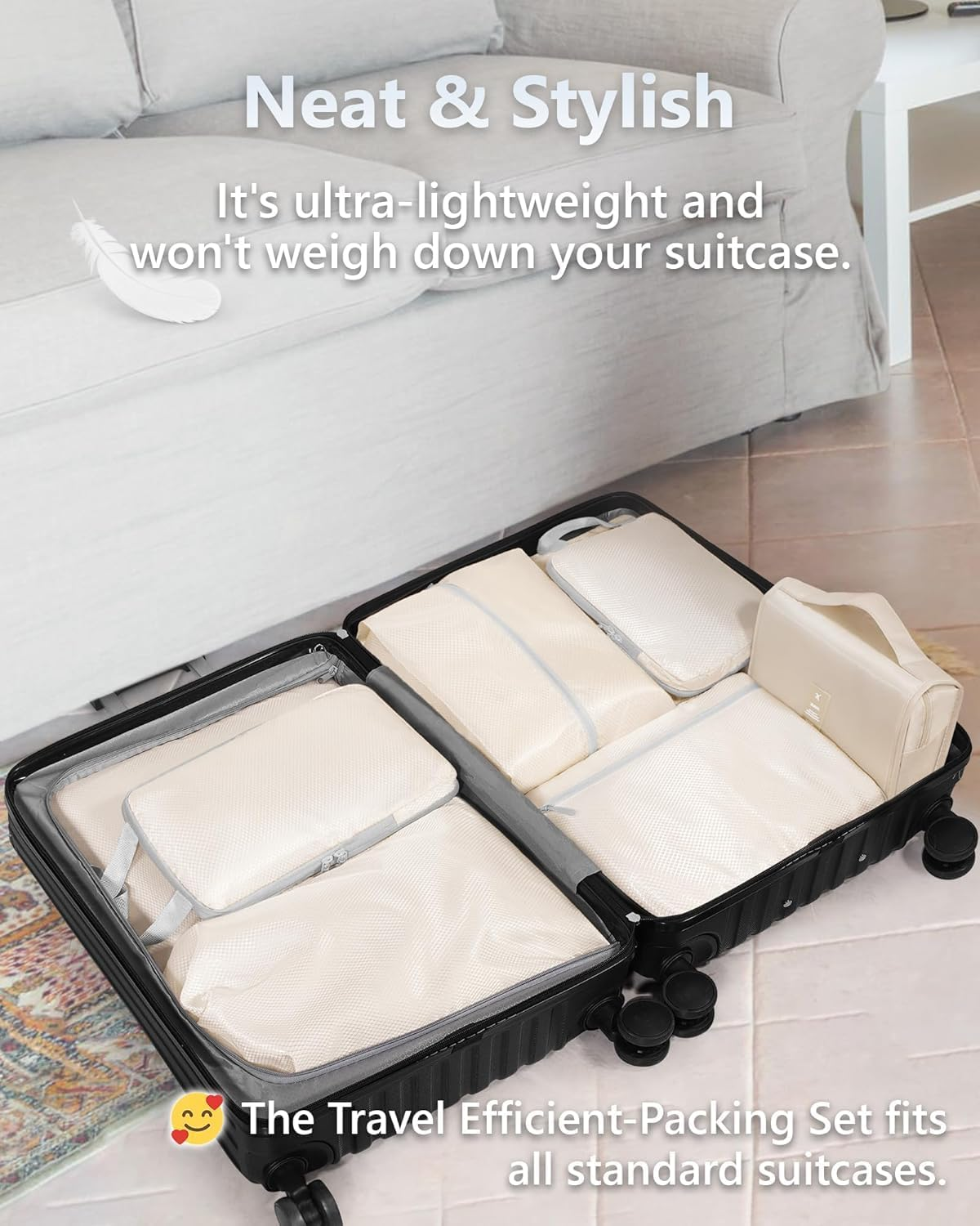 TRMFUSA Compression Packing Cubes 8 Set, Suitcase Organiser Bags, Travel Cubes for Suitcases, Luggage Organiser Packing Bags, Flight Cruise Holiday Essentials (Beige) - Beige image number 3