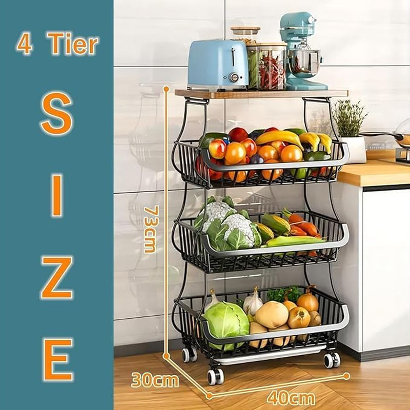 Baotkere 4 Tiers Shelf Metal Wire Baskets with Wheels, Kitchen Organizer, Stackable Storage Bins, Fruit and Vegetable Cart, Bathroom Tableware Rack