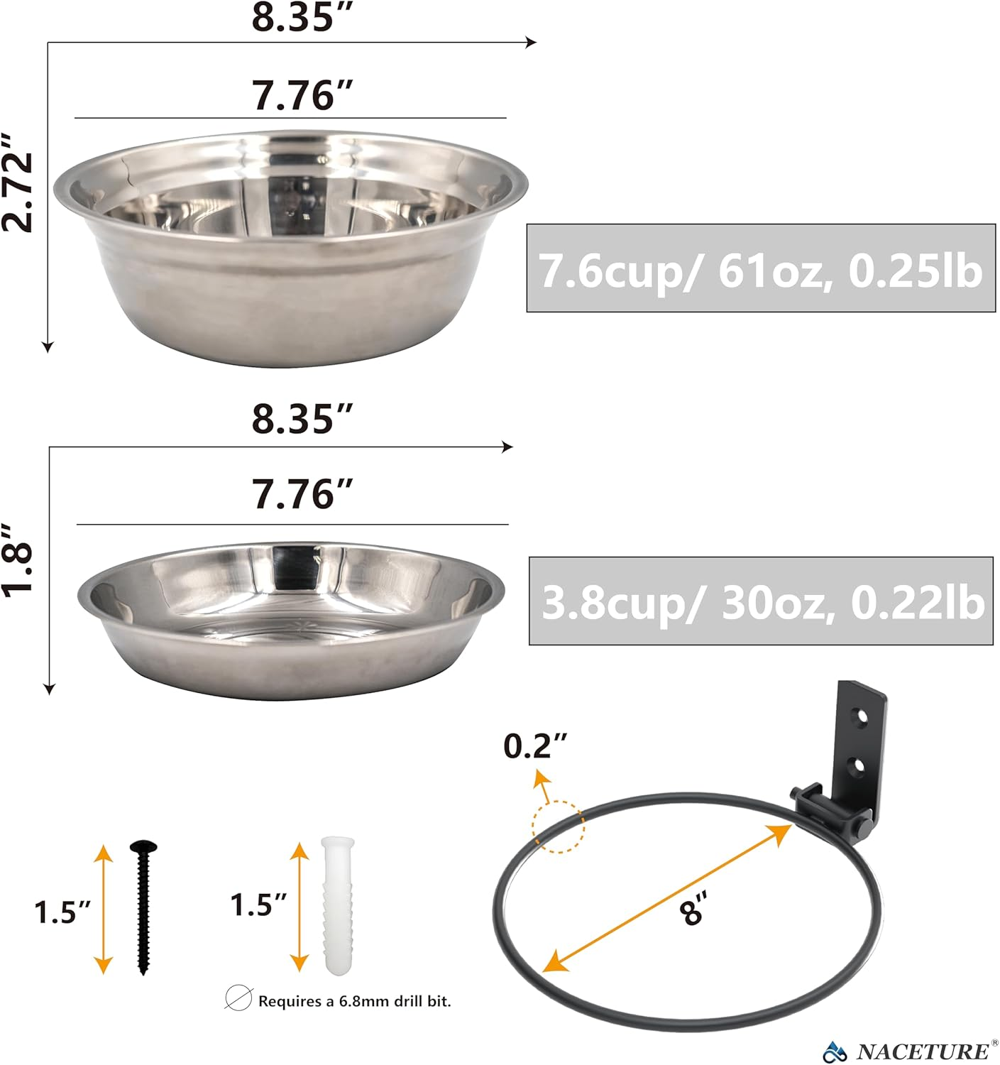 2 Pack 8 Inch Bird Feeders and Squirrel Feeder outside Hanging Tree Mounted &ndash;Bird Feeding Station Water Bowl for Wall Mounted, Bird Feeder Kit Stainless Steel Bowl for Outdoor Fence, Deck image number 2
