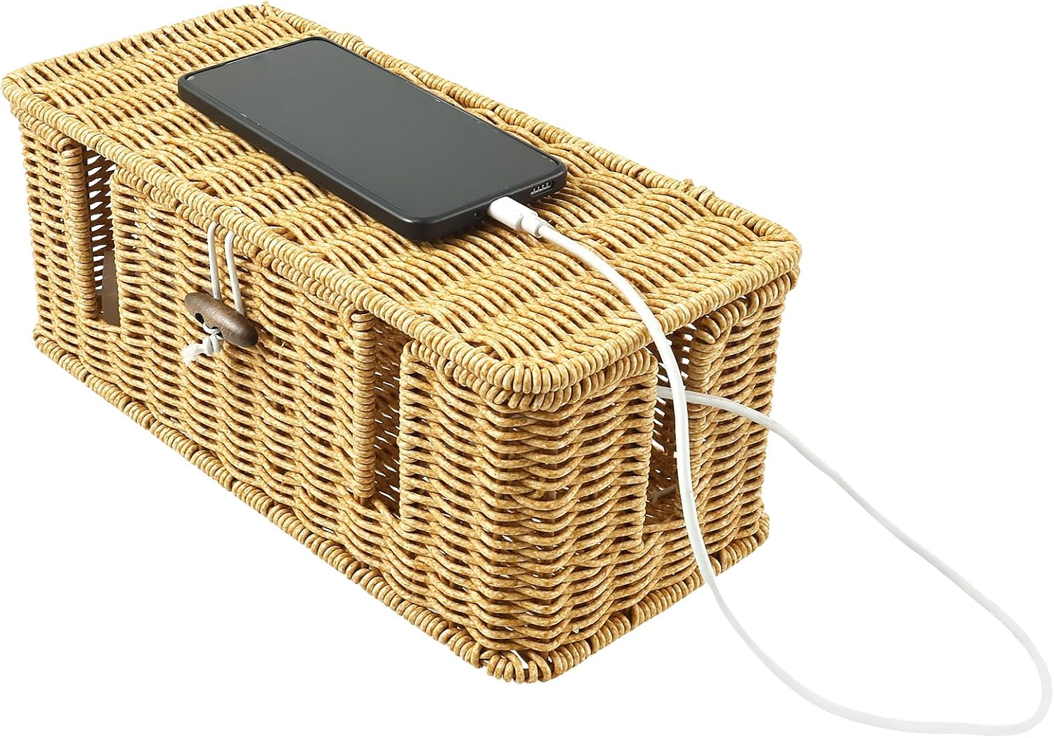 Handmade Rattan Cable Management Box,3 Open Slots Cords Hider Boxs, Safe Practical Cords Holder Functional Cable Organizer Solid under Desk Cord Hider Box for Home Using image number 5