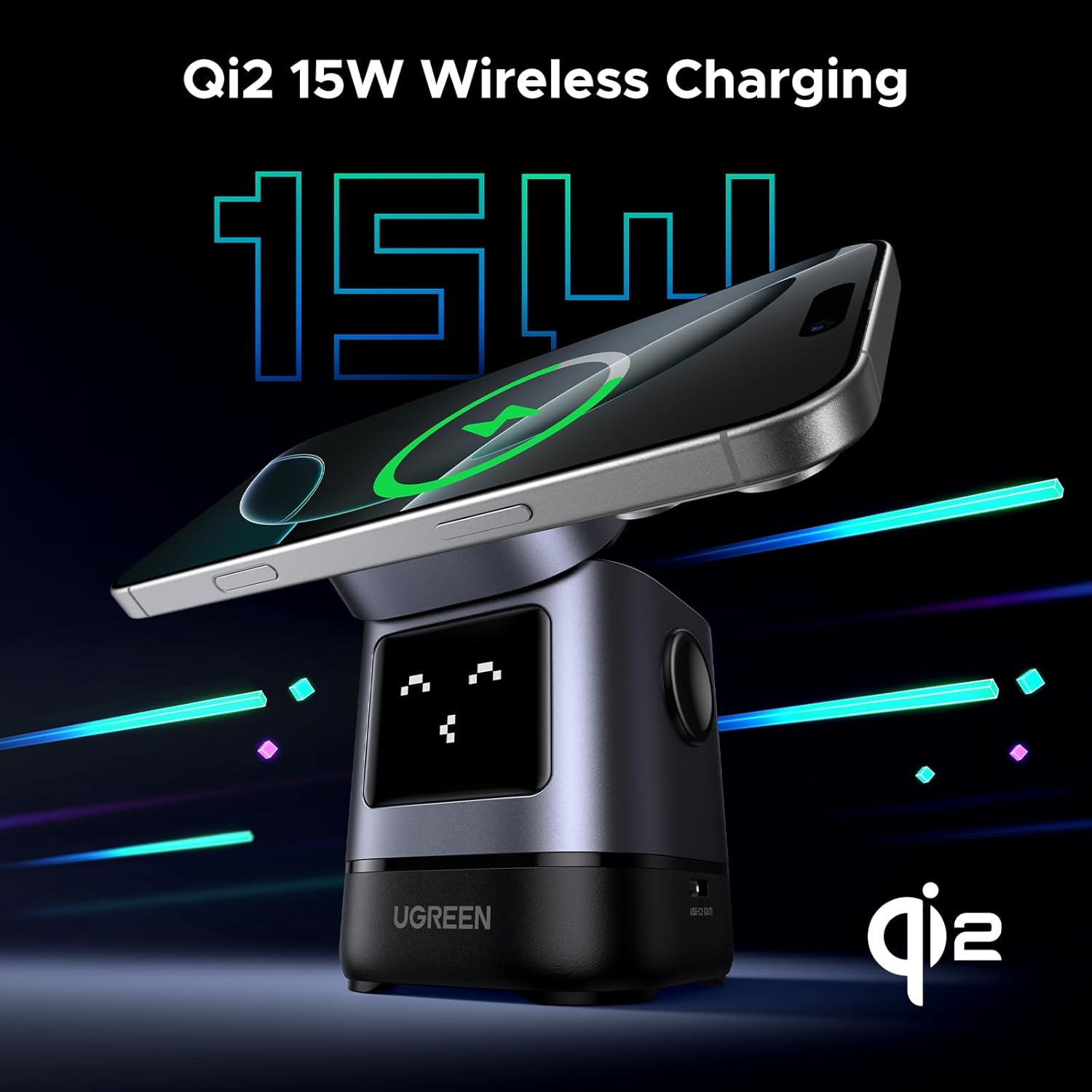 UGREEN Qi2 Wireless Charger, 15W Wireless Charger Stand, Uno Series, 2-In-1 Foldable Charging Station Compatible with Iphone 17/16/15/14/13/12 Series, Airpods 2/3/4/Pro (No AC Adapter) image number 1