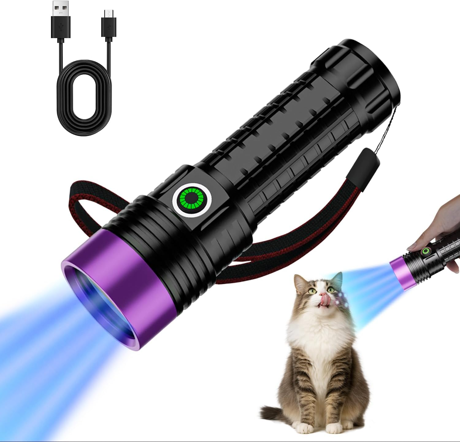 WEKUBA Black Light UV Flashlight, 30W 365 Nm Blacklight Flashlights Rechargeable HIGH Definition Ultraviolet Pet Urine Detector for Cat Urine, Stains, Bed Bug (Black)