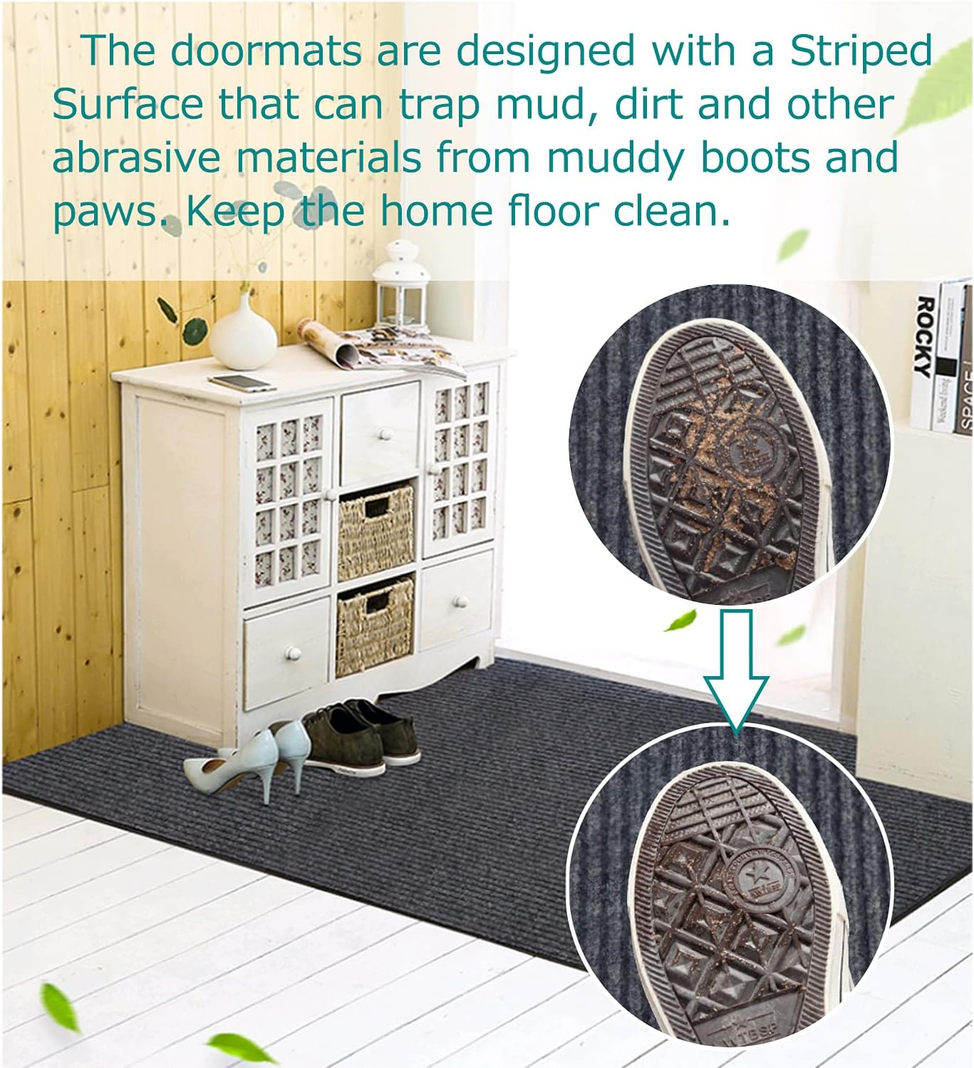 ITINA Door Mat 0.9 X 3M Large Outdoor Indoor Mat Waterproof Rubber Back Rugs for Home Office Business Areas Grey-Black