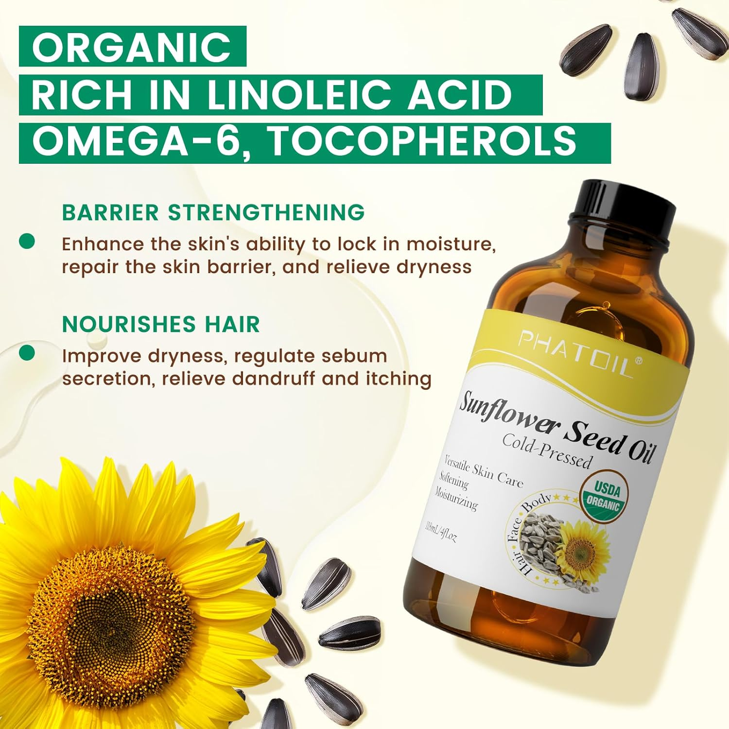 PHATOIL Organic Sunflower Seed Oil for Skin 118 Ml (4 Fl.Oz), USDA Certified Organic, Cold Pressed Sunflower Oil in Glass Bottle for Hair, Body Moisturizer, Carrier Oil for DIY, Massage image number 3