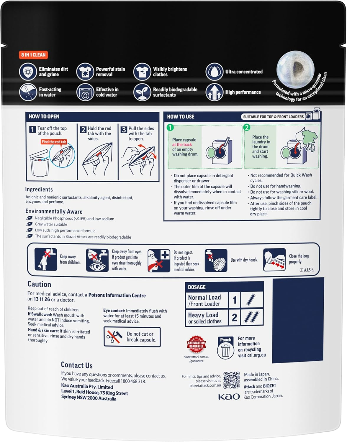 Biozet Attack Power Laundry Capsules 8 in 1 Clean 30 Pack image number 1