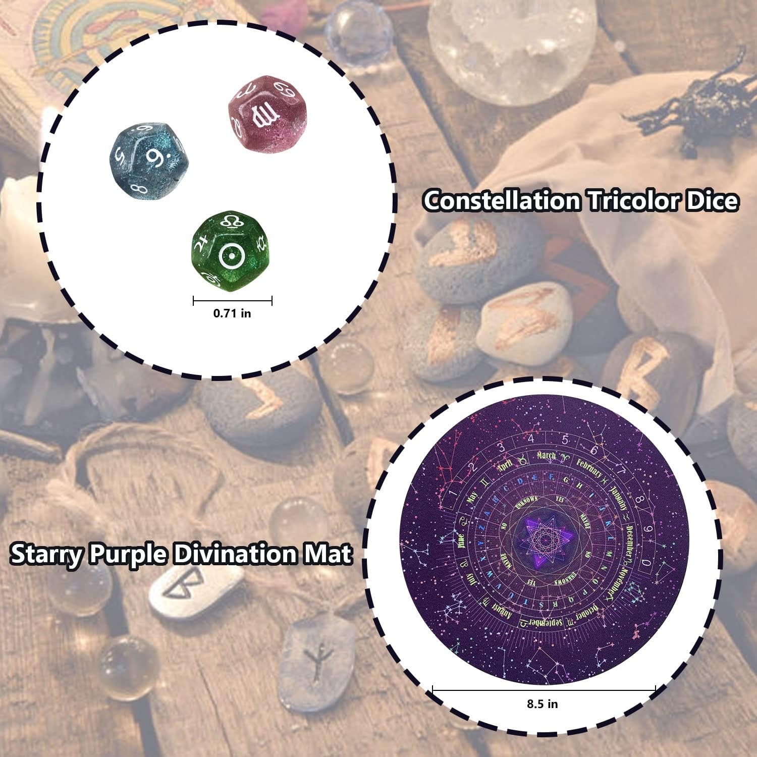 6 Pcs Tarot Divination Dice Set with Astrology Dice, Amethyst Pendulum, Witch Pendulum Board, Card Case, Witchcraft Kit - Metaphysical Supplies for Beginners image number 6