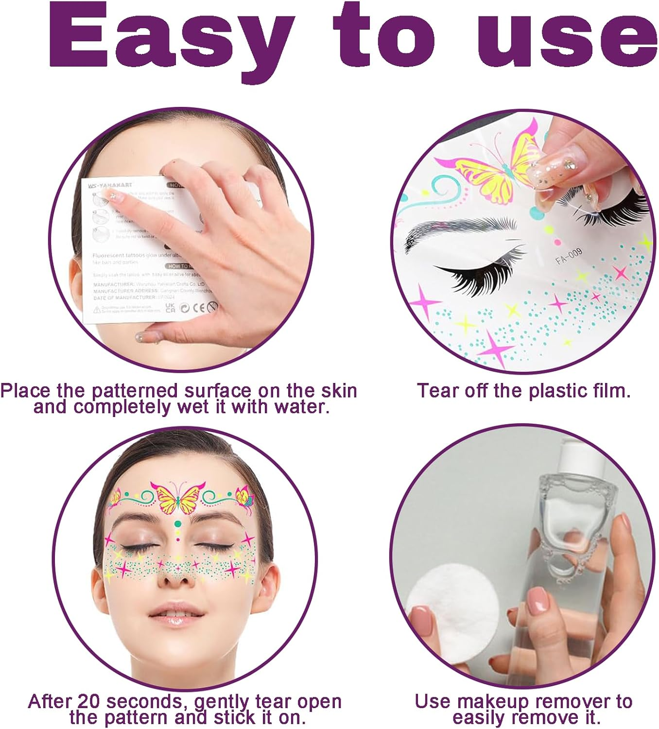 Glow in the Dark Fake Tattoos Stickers, UV Blacklight Neon Temporary Tattoos Stickers, UV Neon Fluorescence Waterproof Makeup Accessory Party Supplies for Adult Girls Women at Glow Party, Rave Festival, 8 PCS image number 2