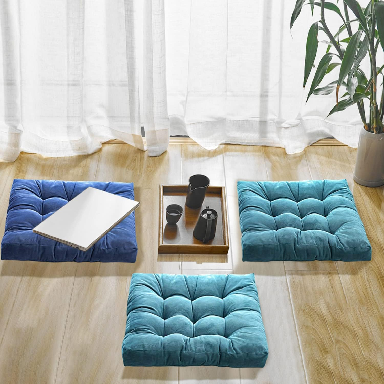 Meditation Floor Pillow, Square Large Pillows Seating for Adults, Blue Tufted Corduroy Cushions for Outdoor Yoga Tatami Fireplace Living Room, Memory Foam Filing, Blue, Cushion 22 X 22 Inch image number 5