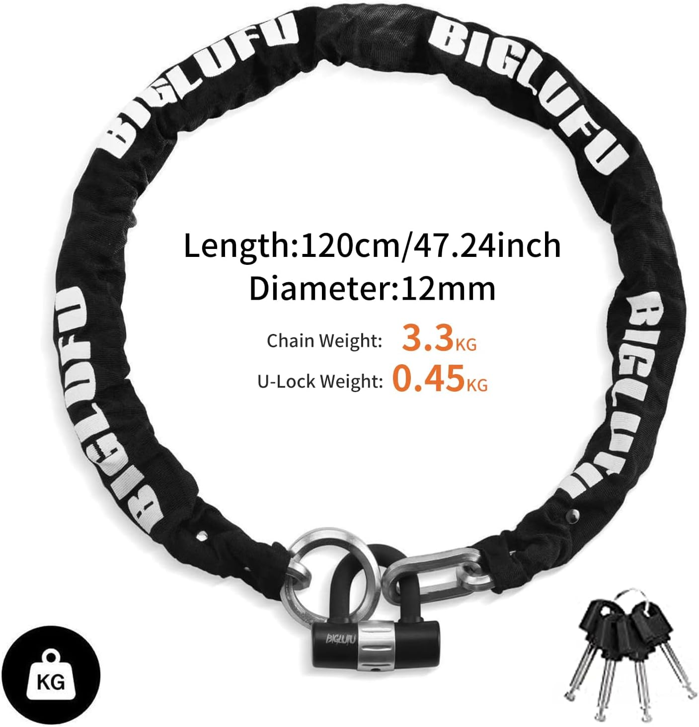 BIGLUFU Motorcycle Lock Chain Locks Heavy Duty, 120Cm/4Ft Long, Cut Proof 12Mm Thick Square Chains with 4Keys 16Mm U Lock, Ideal for Motorcycles, Motorbike, Bike, Generator, Gates, Bicycle, Scooter image number 2