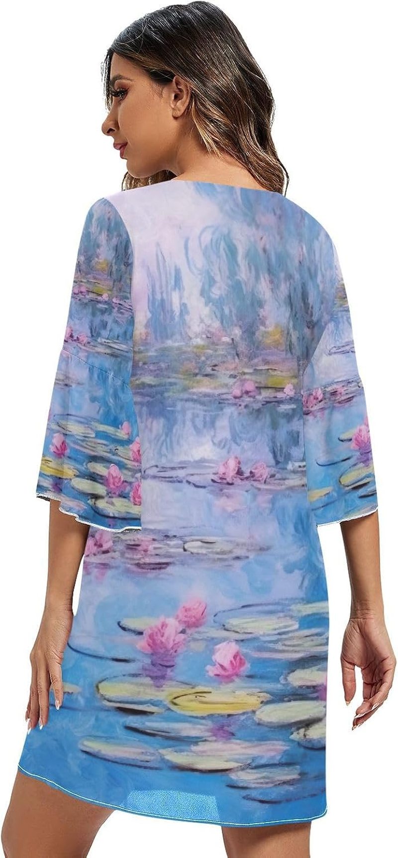 Water Lilies Scene Chiffon V Neck Dress Printed Maternity Dress Party S-XXL image number 2