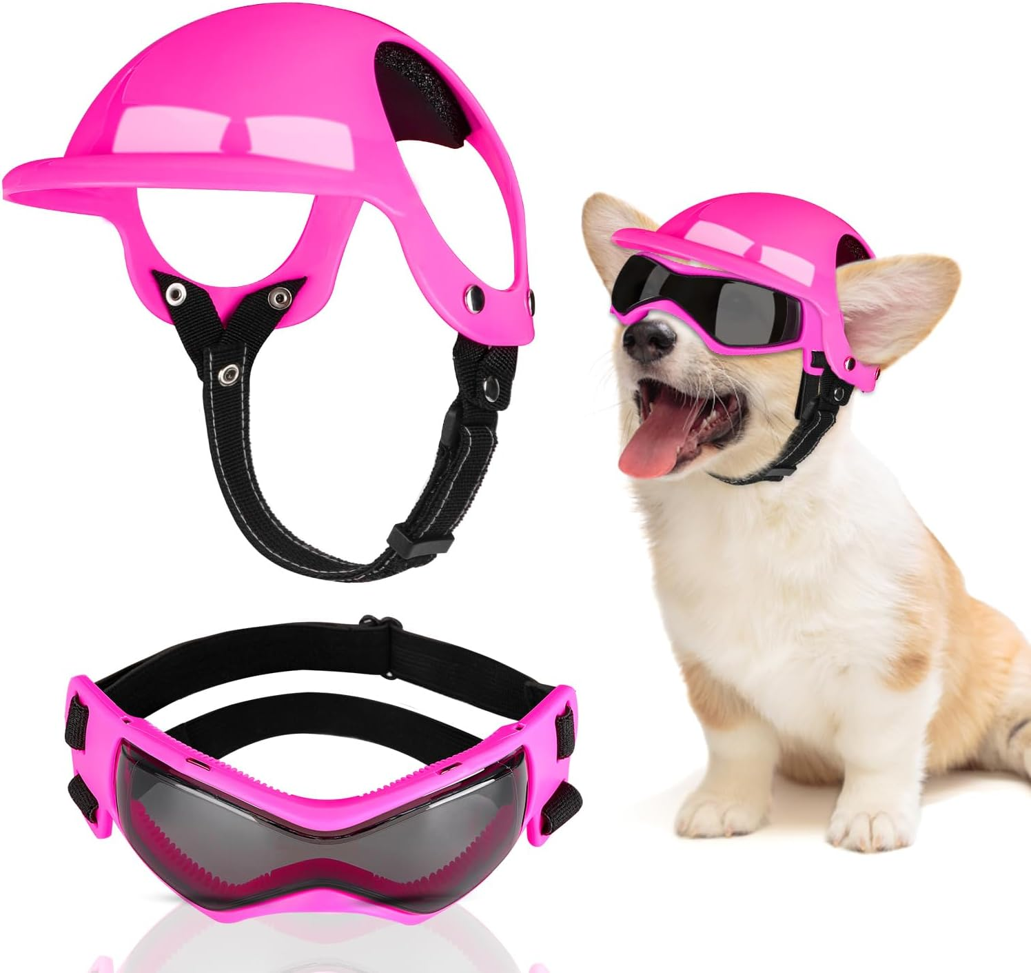 Slowton Pet Dog Helmet Goggles Set, Dust Wind UV Protection Dog Sunglasses, Pet Motorcycle Helmet Drop Resistant Hard Safety Hat with Ear Holes & Adjustable Belt, Eye Head Protection for Biking Riding