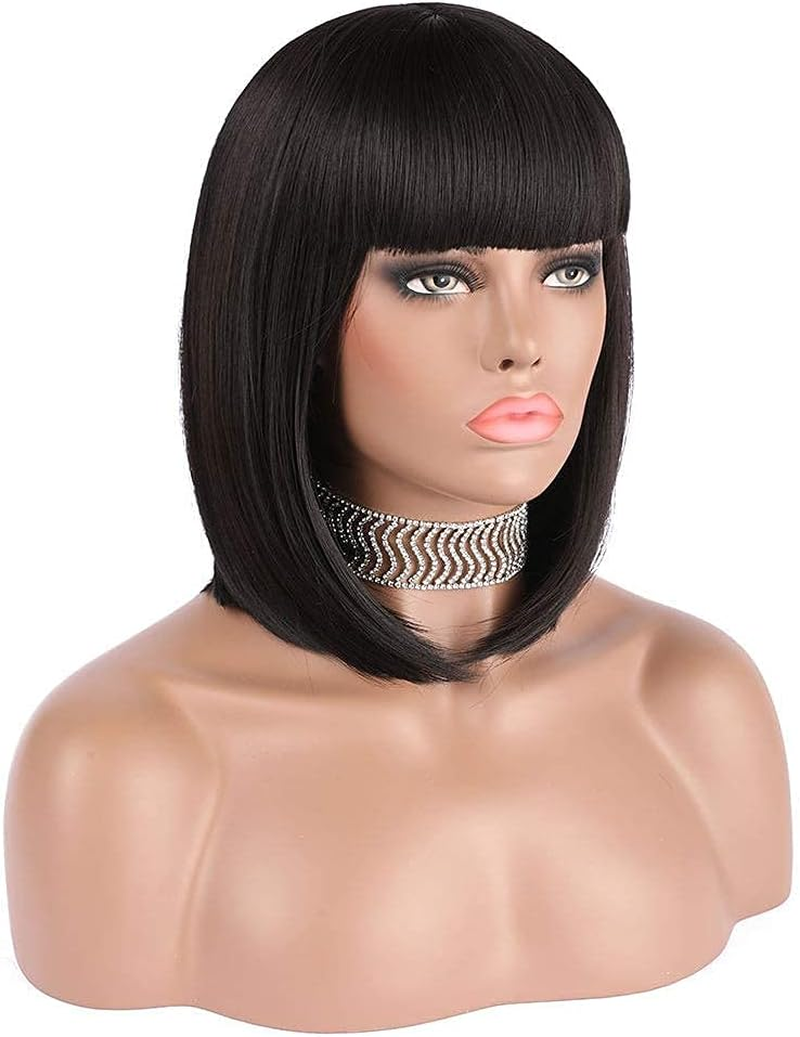 Enilecor Short Bob Hair Wigs 12" Straight with Flat Bangs Synthetic Colorful Cosplay Daily Party Wig for Women Natural as Real Hair+ Free Wig Cap (Light Pink)