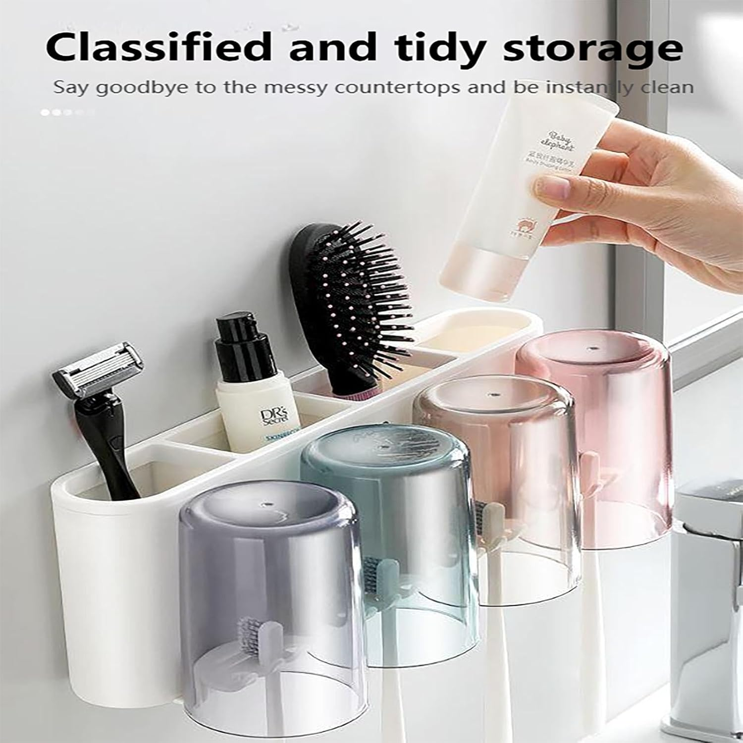 YAKESD Toothpaste Squeezer Tooth Brush Holder Set, Wall Mounted Toothpaste Dispenser with Anti-Dust Cover, 3-In-1 Bathroom Organizer and Storage Grids, Toothbrush Holder Set Included image number 6