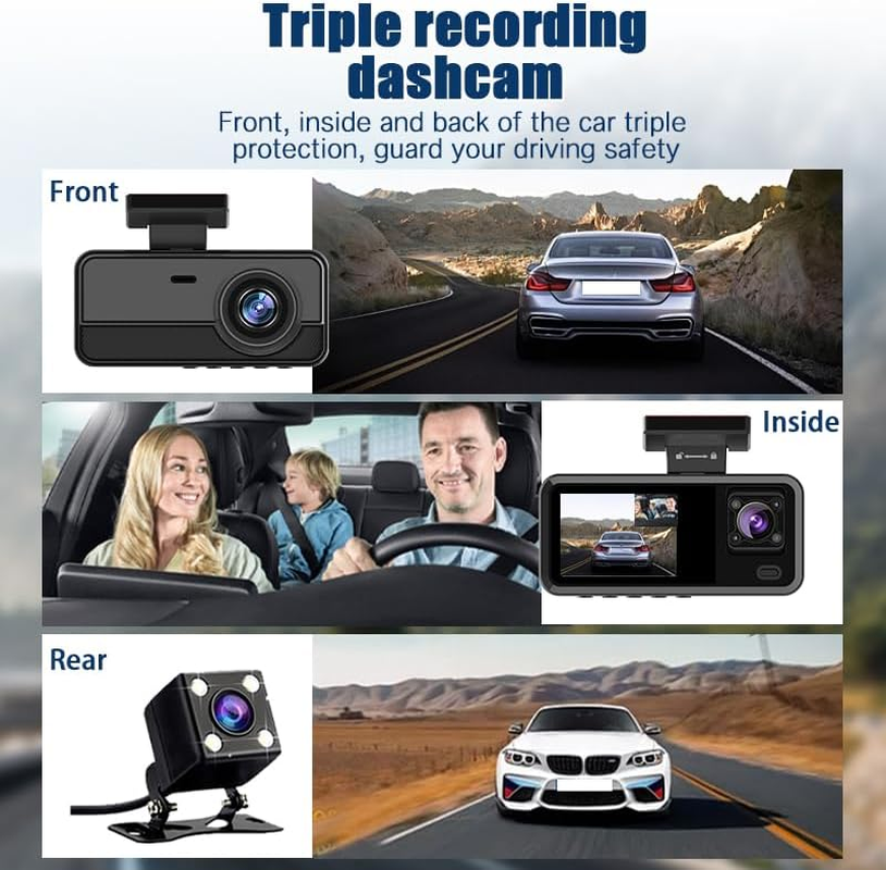 3 Channel Dash Cam Front and Rear inside for Cars, Full UHD Car Camera Front Rear with 32GB Card