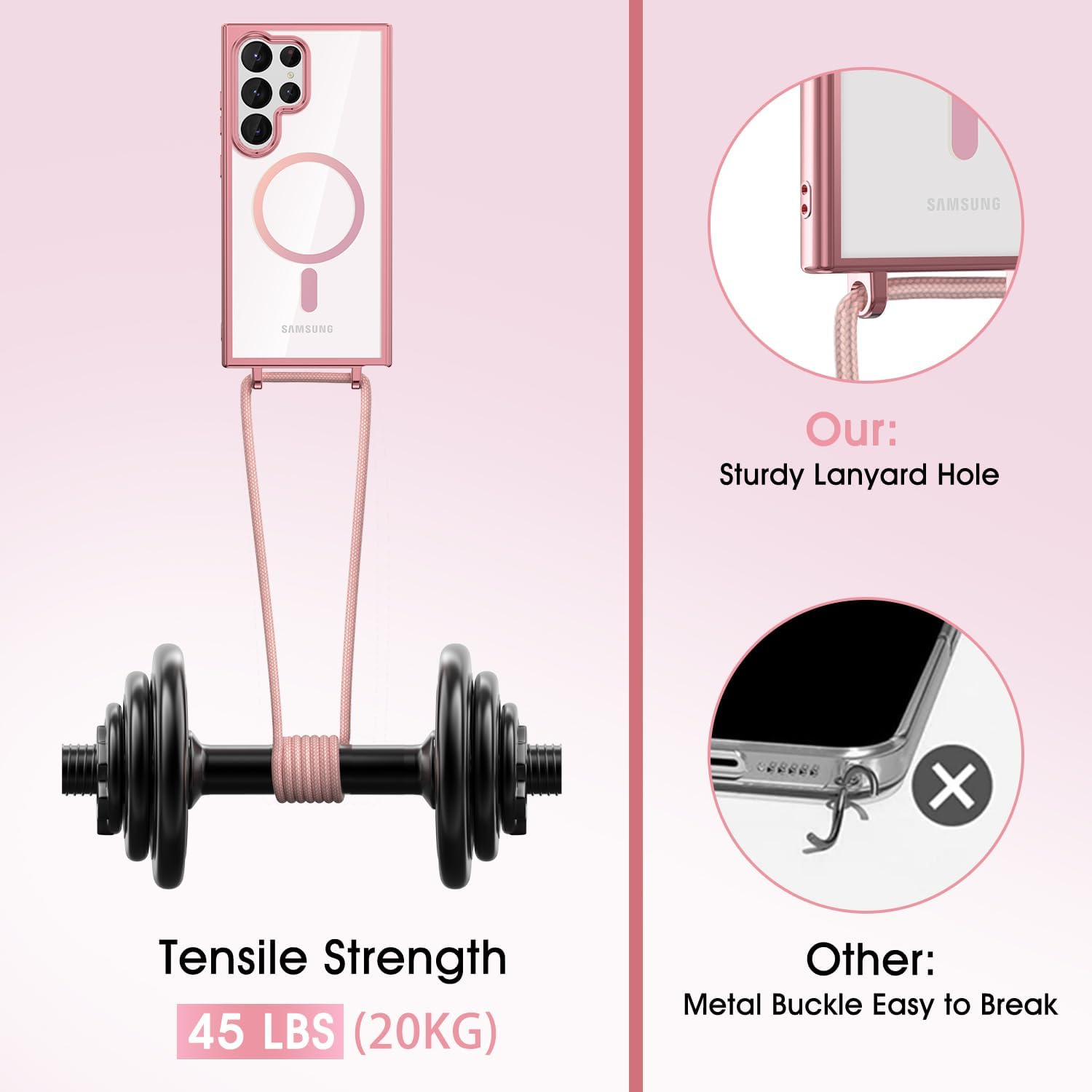 Noyabox Mobile Phone Chain for Samsung Galaxy S25 Ultra Case with Strap, Magnetic Mobile Phone Case for Samsung Galaxy S25 Ultra Necklace Cord Protective Case with Cord for Hanging Case, Pink image number 5