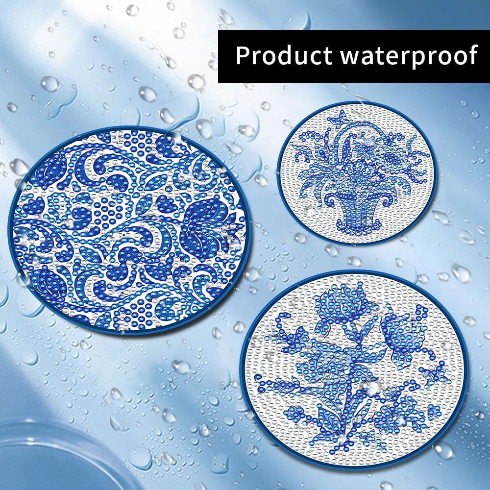 8 Pcs Diamond Art Painting Coasters with Holder, DIY Blue Watercolor Flowers Diamond Art Painting Kits for Beginners, Gift image number 6