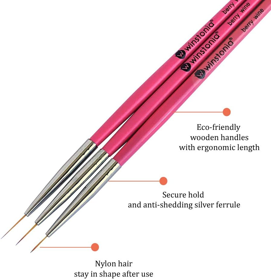 Winstonia Super Fine Nail Art Brush Set for Thin Lines, Tiny Details, Fine Drawing, Delicate Coloring. 3 Pcs Brushes Kit - BERRY WINE image number 6