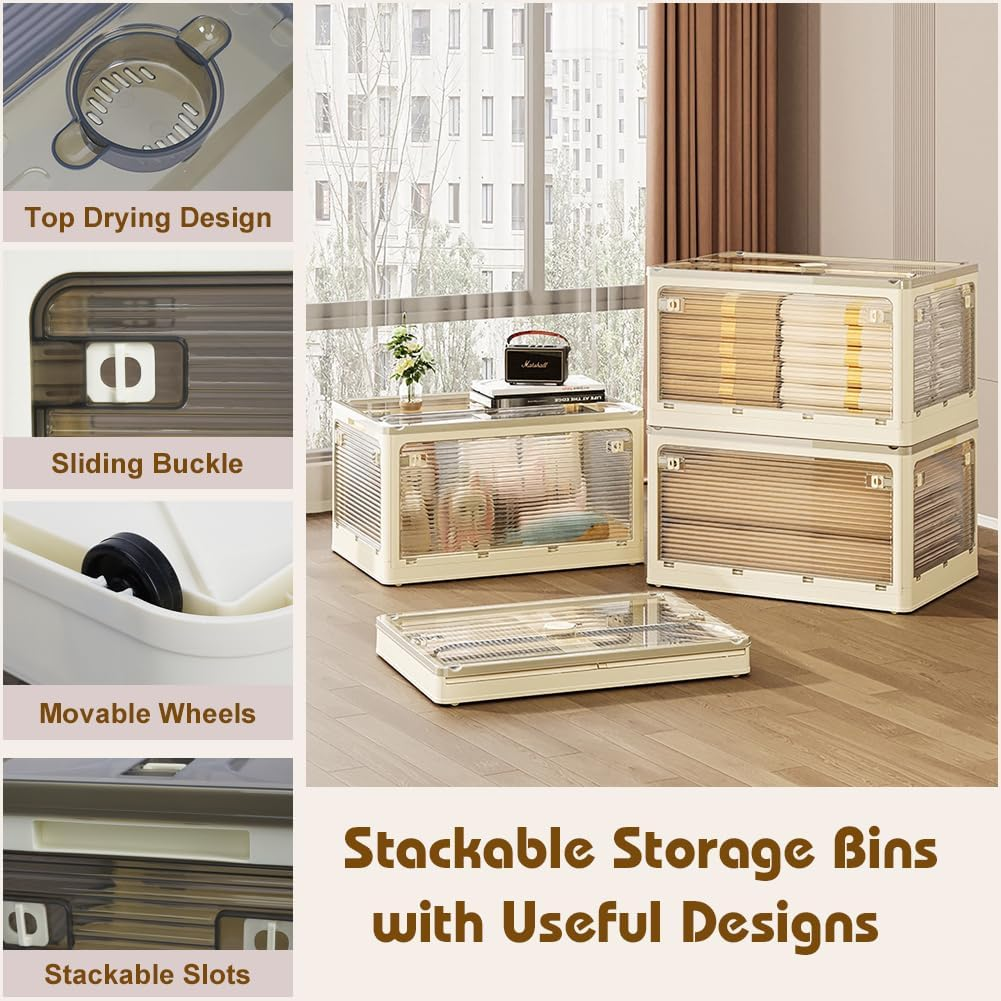 3 Pack Collapsible Storage Bins with Lids, 40L Stackable Storage Bins for Closet Organizers Plastic Clothes Organiser Container with Wheels Book Organizer for Home Office Dorm image number 4
