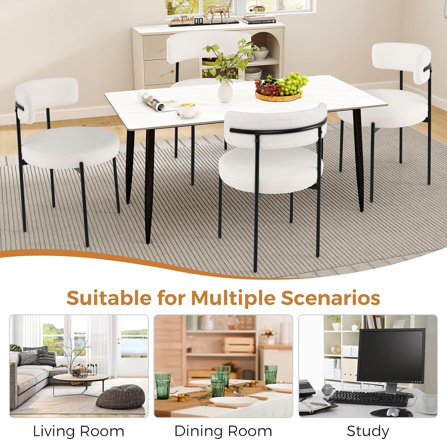 Giantex Boucle Dining Chair Set of 2, round Sherpa Upholstered Kitchen Armless Chairs with Curved Backrest & Metal Legs, White Modern Accent Side Chairs for Dining Room, Living Room (2) image number 4