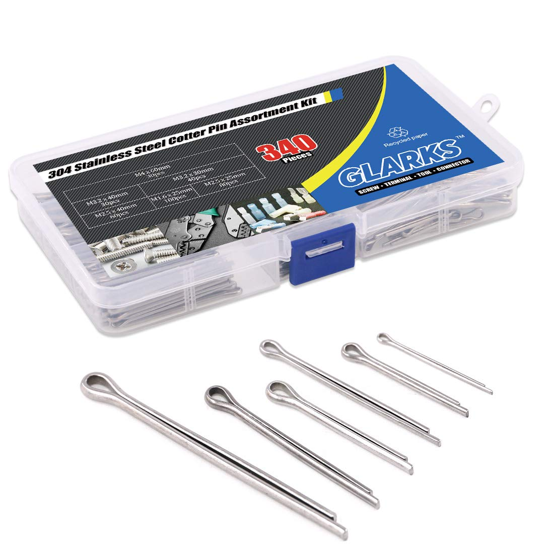Glarks 340-Pieces 6 Sizes 304 Stainless Steel Cotter Pin Clip Key Fastner Fitting Assortment Kit for Automotive, Mechanics, Car Garage, Power Equipment, Cars, Trucks, Lawn Mower, Small Engine Repair image number 1