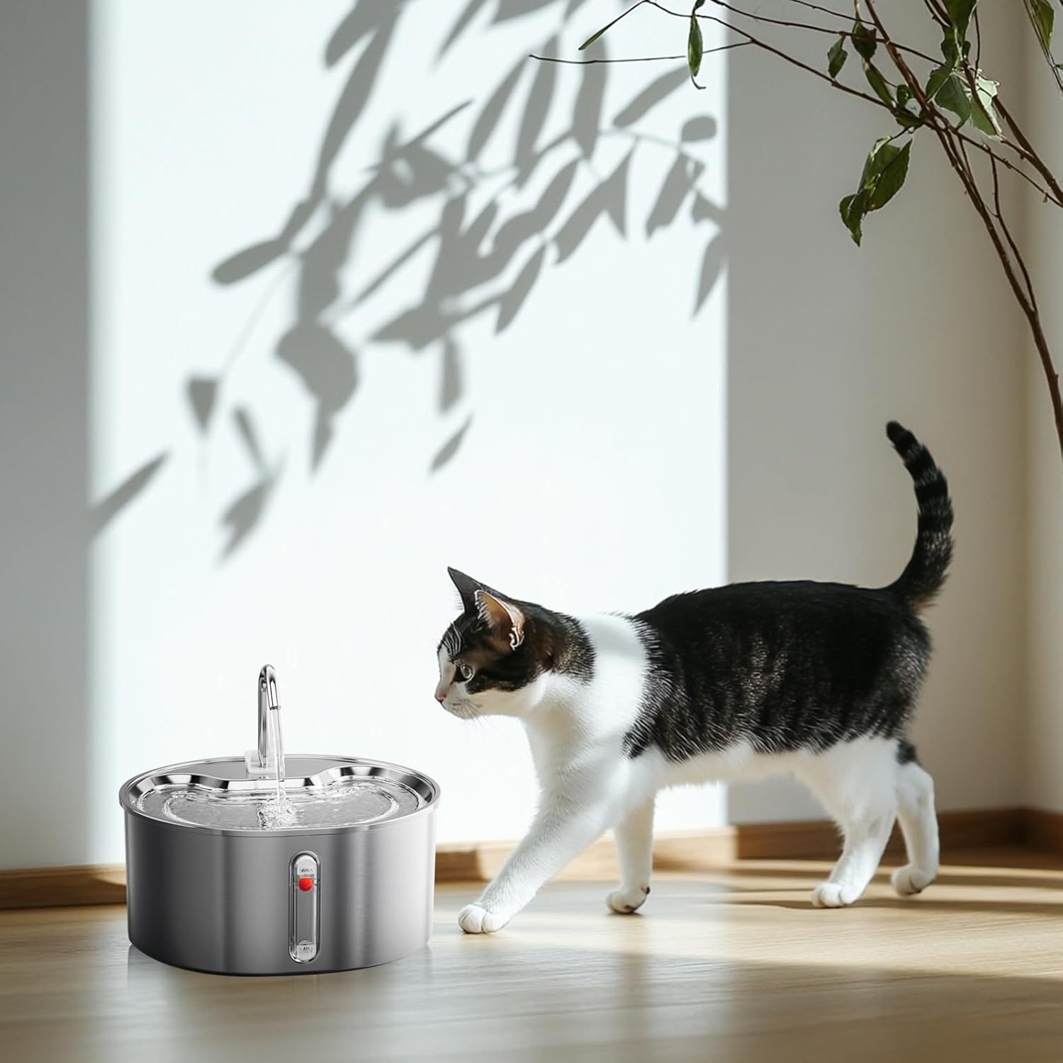 FUKUMARU Cat Water Fountain - Stainless Steel, 3.2L Cat Dispenser with Water Level Window, Low Decibel Indoor Cat Fountain for Small Dogs and Multiple Pets image number 3