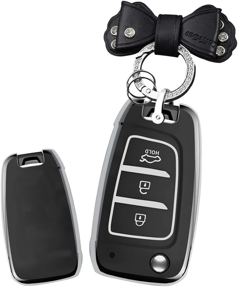 HIBEYO Flip 3 Button Key Fob Cover for Hyundai Elantra Solaris 2 Tucson I30 I35 I40 Ix35 Kona Genesis Santa Fe Azera Verna Accent Celesta Sonata Car Accessories with Keychain-Leather Key Chain(Purple)