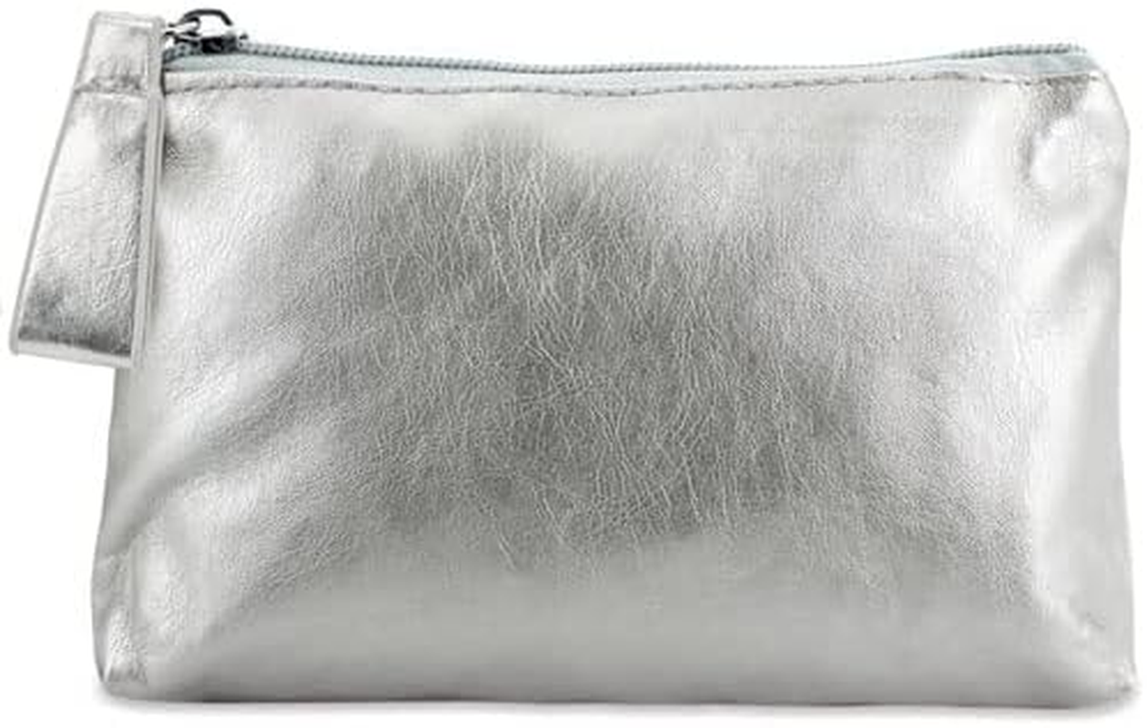 Women'S Faux Leather Toiletry Bag Metallic Finish with Zipper and Handle Cosmetic Bag for Travel - Golden Large image number 7
