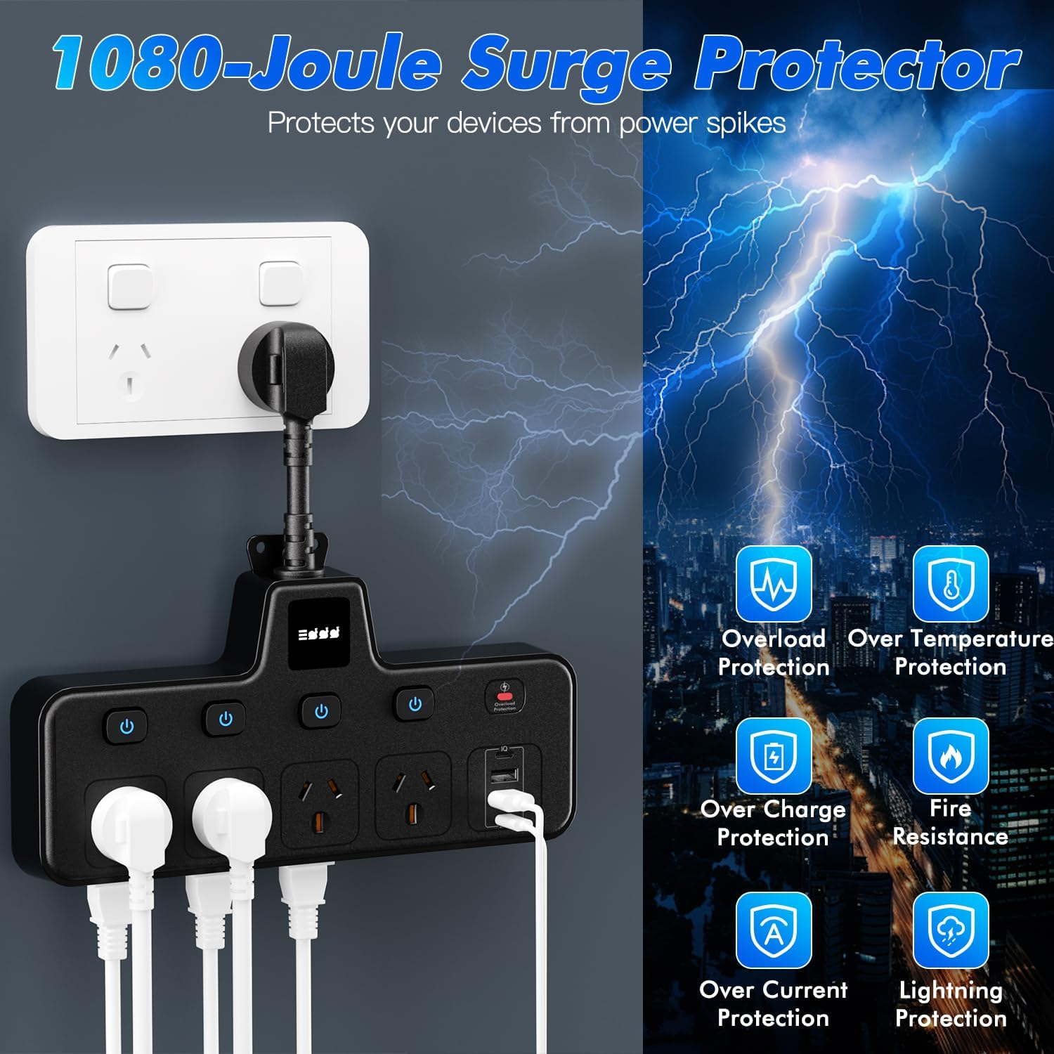 BOCHLION Power Strip with Independent Switches and Night Light Features Plug Extension Socket with 4 USB Ports (2 USB C and 2 USB A), Household Wall Socket Plug Extender, Travel. (Black) image number 2