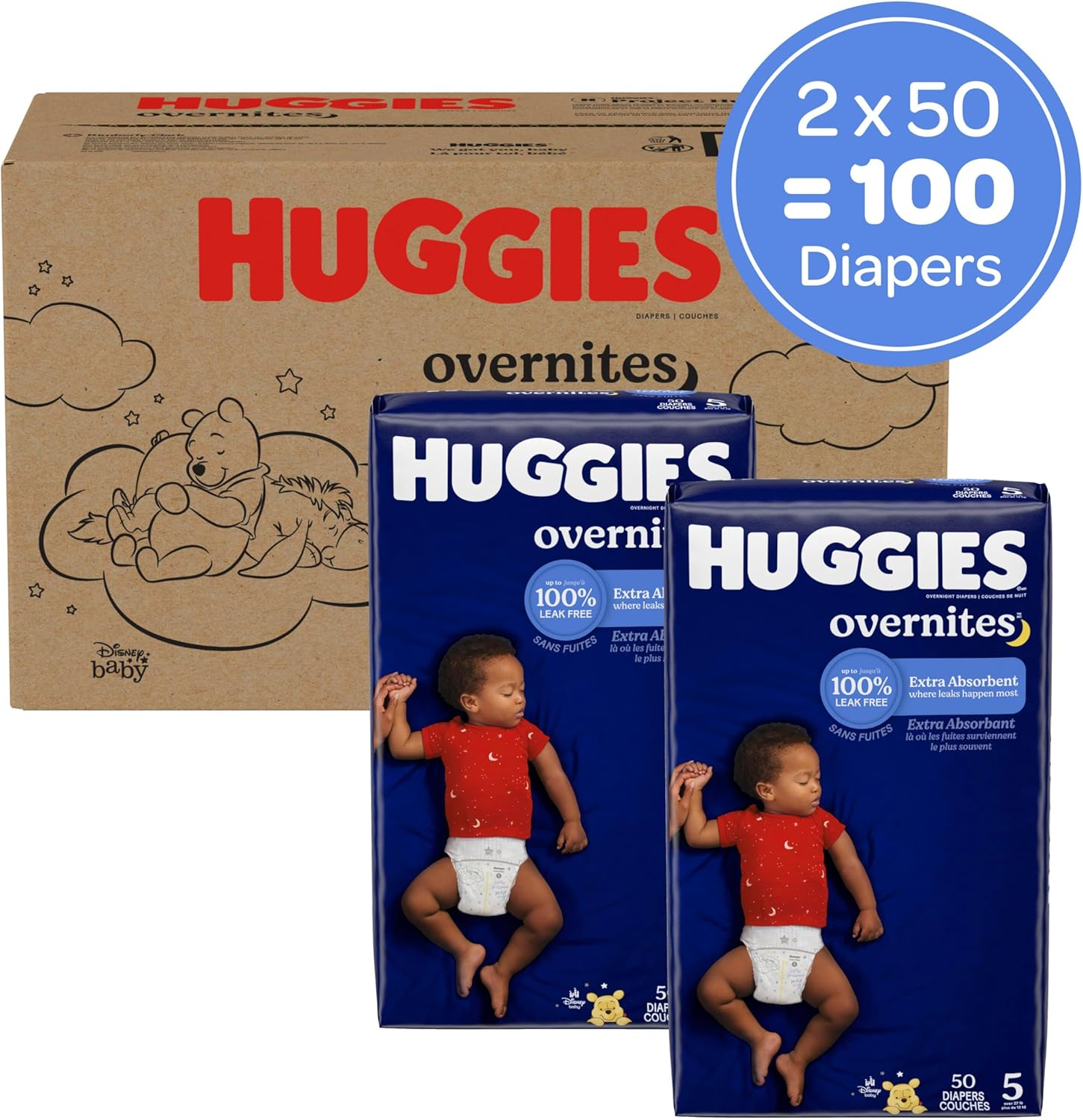 Huggies Overnight Diapers Size 5 (27+ Lbs), 100 Ct, Overnites Nighttime Baby Diapers, White
