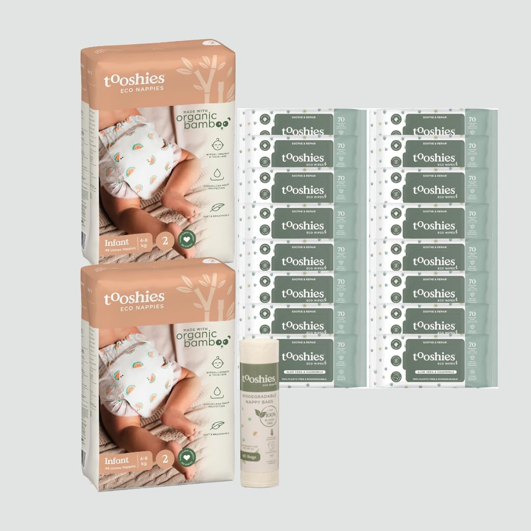 Tooshies Eco Nappies Size 2 Infant, 96 Count, White, 3.24 Kilograms + Tooshies Aloe Vera & Chamomile Eco Wipes, Pack of 1120 (16X70 Packs) + Tooshies Biodegradable Nappy Bags 40Pk, Green image number 4