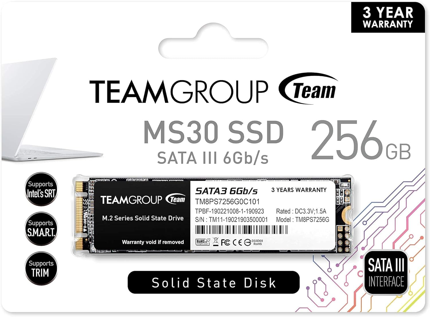 TEAMGROUP MS30 256GB with SLC Cache 3D NAND TLC M.2 2280 SATA III 6Gb/S Internal Solid State Drive SSD (Read/Write Speed up to 500/400 Mb/S) Compatible with Laptop & PC Desktop TM8PS7256G0C101 image number 2