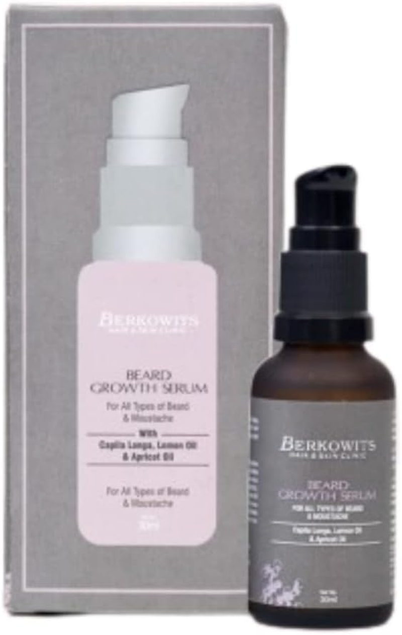 BERKOWITS HAIR & SKIN CLINICS Beard Growth Serum for Men | Promotes Beard Growth | Reduces Patchiness | with Capila Longa, Lemon Oil & Apricot Oil | Alcohol Free | 30Ml