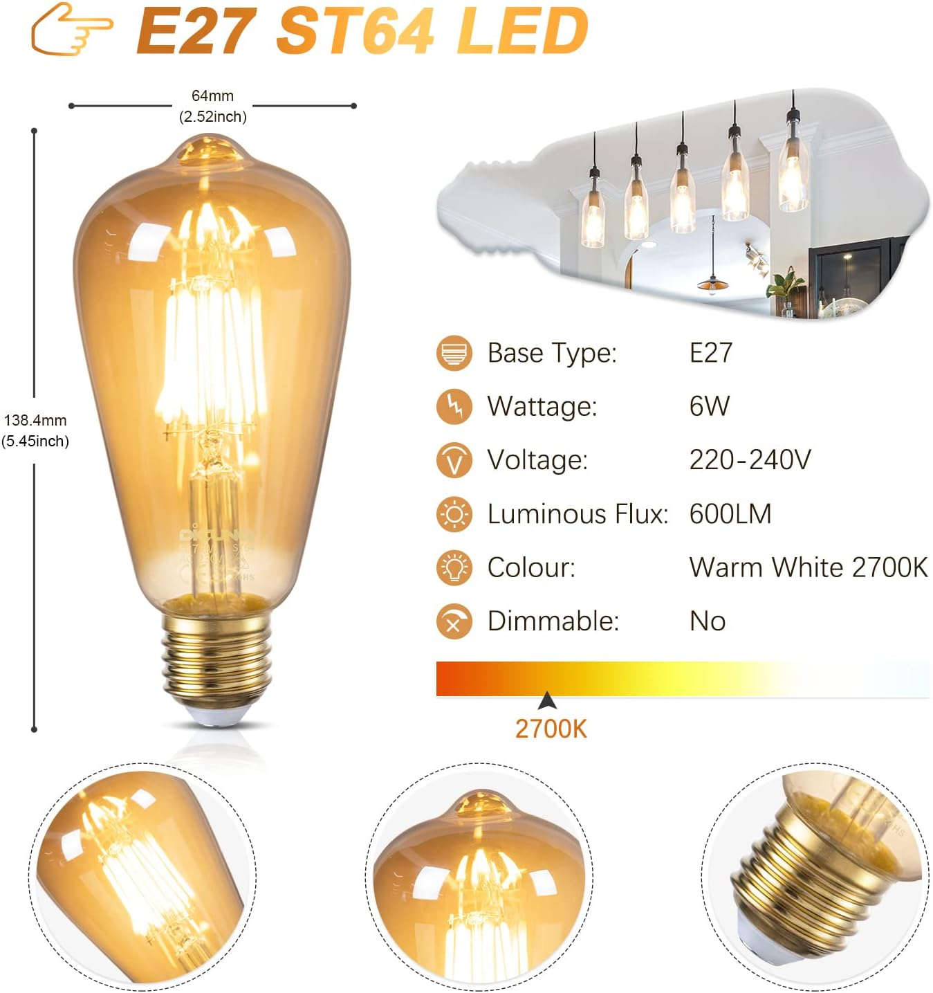 Dicuno E27 LED Edison Bulb, Vintage Light Bulb, 6W (60 Watt Equivalent), Retro Amber Warm Glass, 600LM, Warm White 2200K, Non-Dimmable, 2-Pack image number 4
