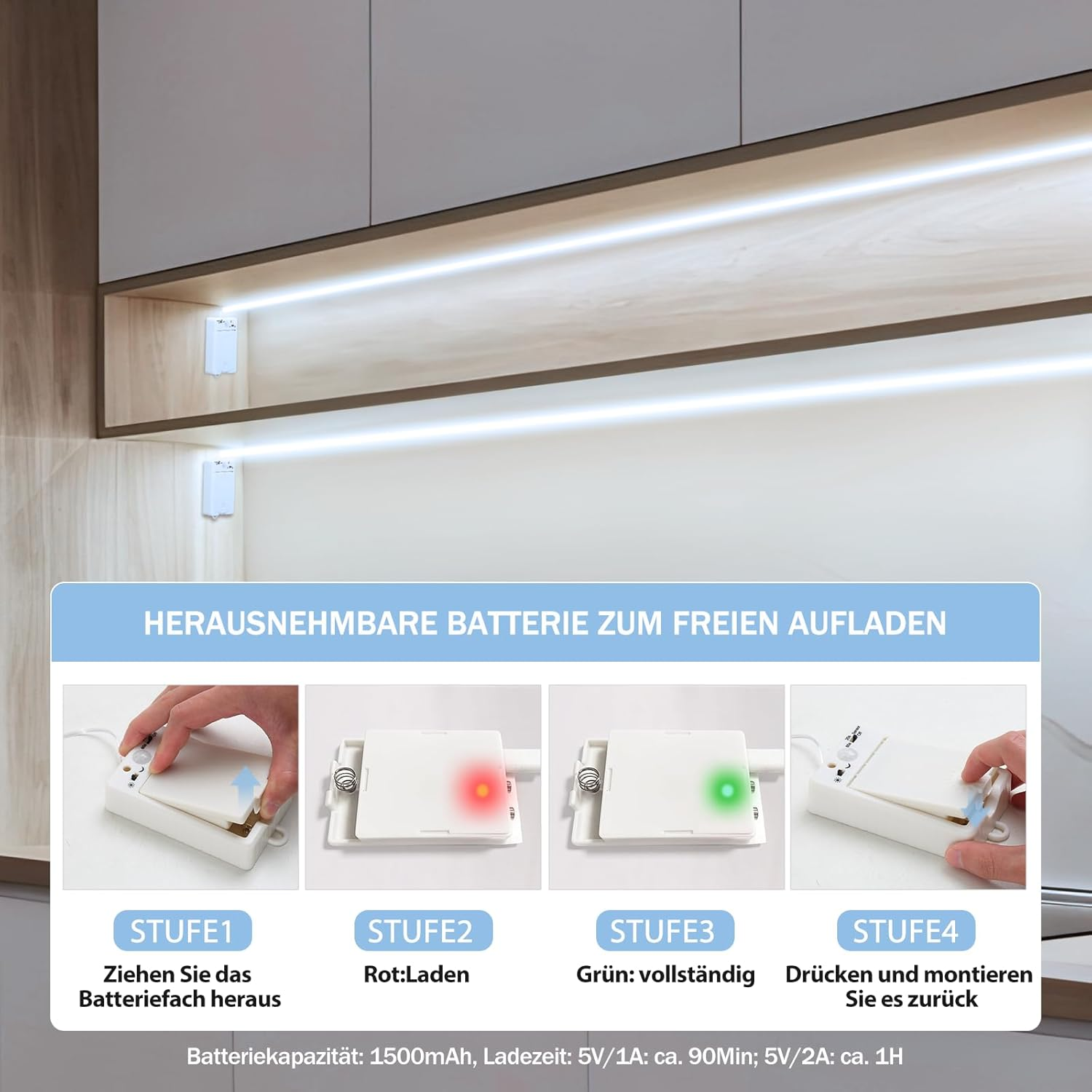 LED Light Strip with Motion Sensor Indoor Battery, 2 M 640 Leds LED Strip with Rechargeable Battery, Cabinet Light with 2 Modes, for Wardrobes, Stairs, Bedroom, Hallways (Cool White, Pack of 1)