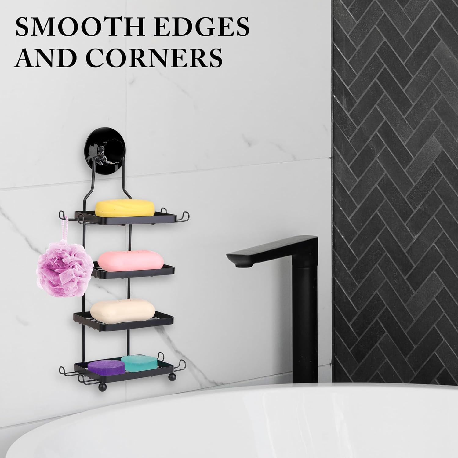 Soap Holder for Shower Wall 4 Tier Square Soap Rack with Hook Dish Stainless Steel Bar Shower Bathroom Self Draining Rustproof Rack Powerful No Drilling(Black) image number 4