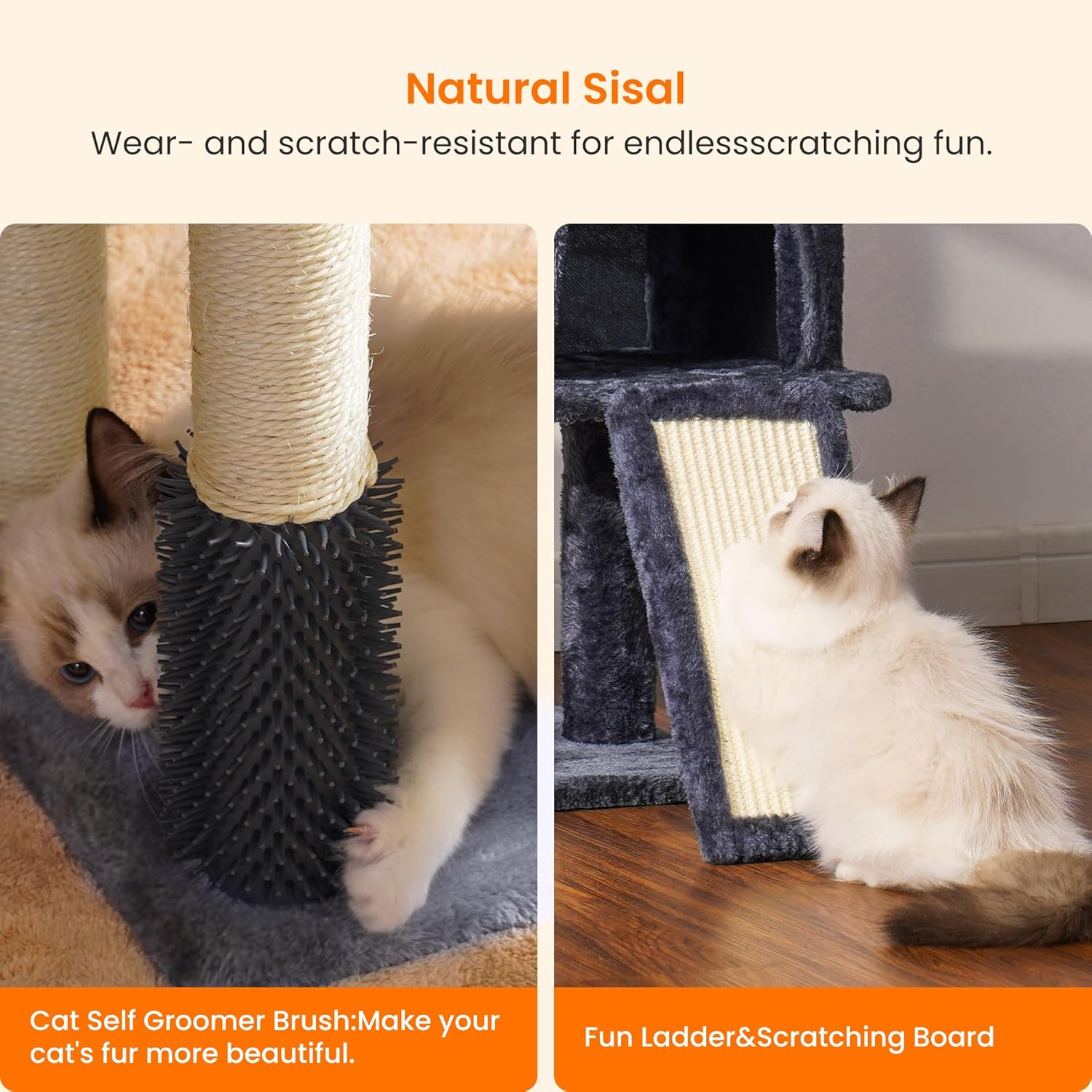 Heybly Cat Tree with Cat Self Groomer Brush, Cat Tower Condo for Indoor Cats with Padded Plush Perch,Cat House with Basket Scratching Board Post, Smoky Gray HCT005SG - Light Gray image number 5