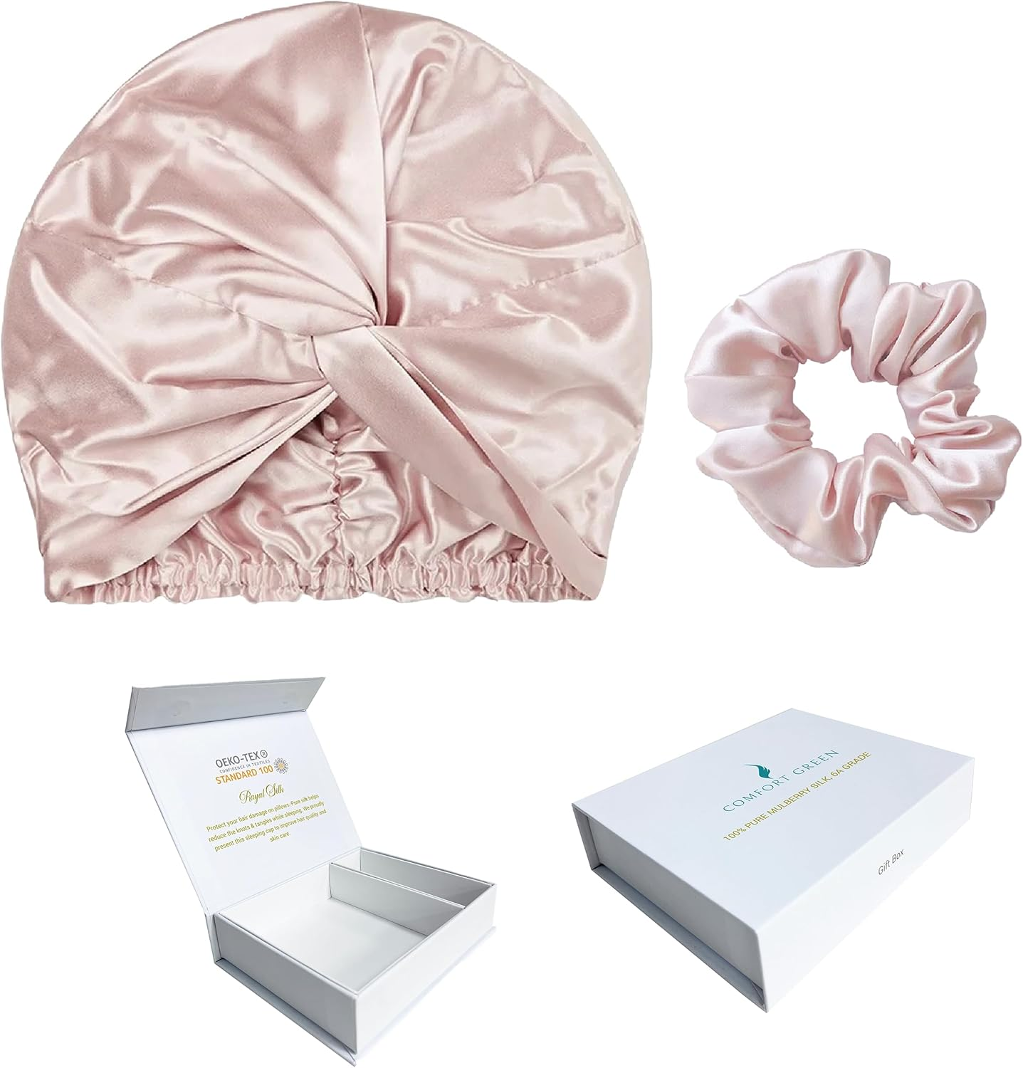 100% Mulberry Silk Hair Bonnet for Sleeping Women Double Layer with Elastic Band16 Momme 6A Grade Pink and Champagne Colours with Scrunchie and Gift Box (Pink)