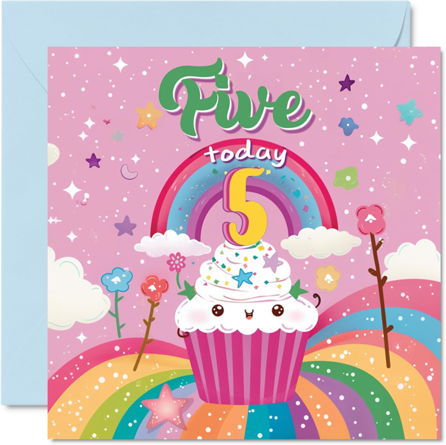 5Th Birthday Card Girl - Cupcake Rainbow - Happy Birthday Card for 5 Year Old Girl, Age 5 Girls Birthday Cards Fifth Birthday Card, 145Mm X 145Mm Bday Greeting Card image number 4