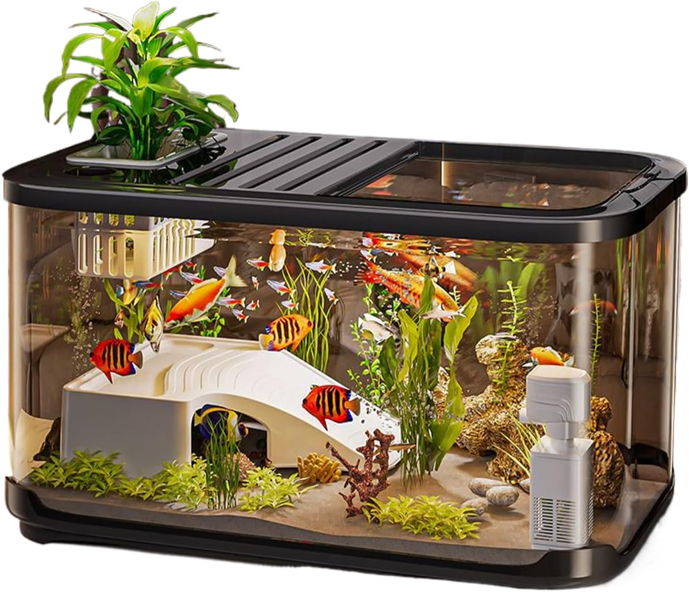 Fish Tank Starter Kit with Ventilation Holes - Beginner Fish Tank,With Stairs Aquatic Life Container for Plant Decor Gravel Sand Freshwater Shrimp Landscaping