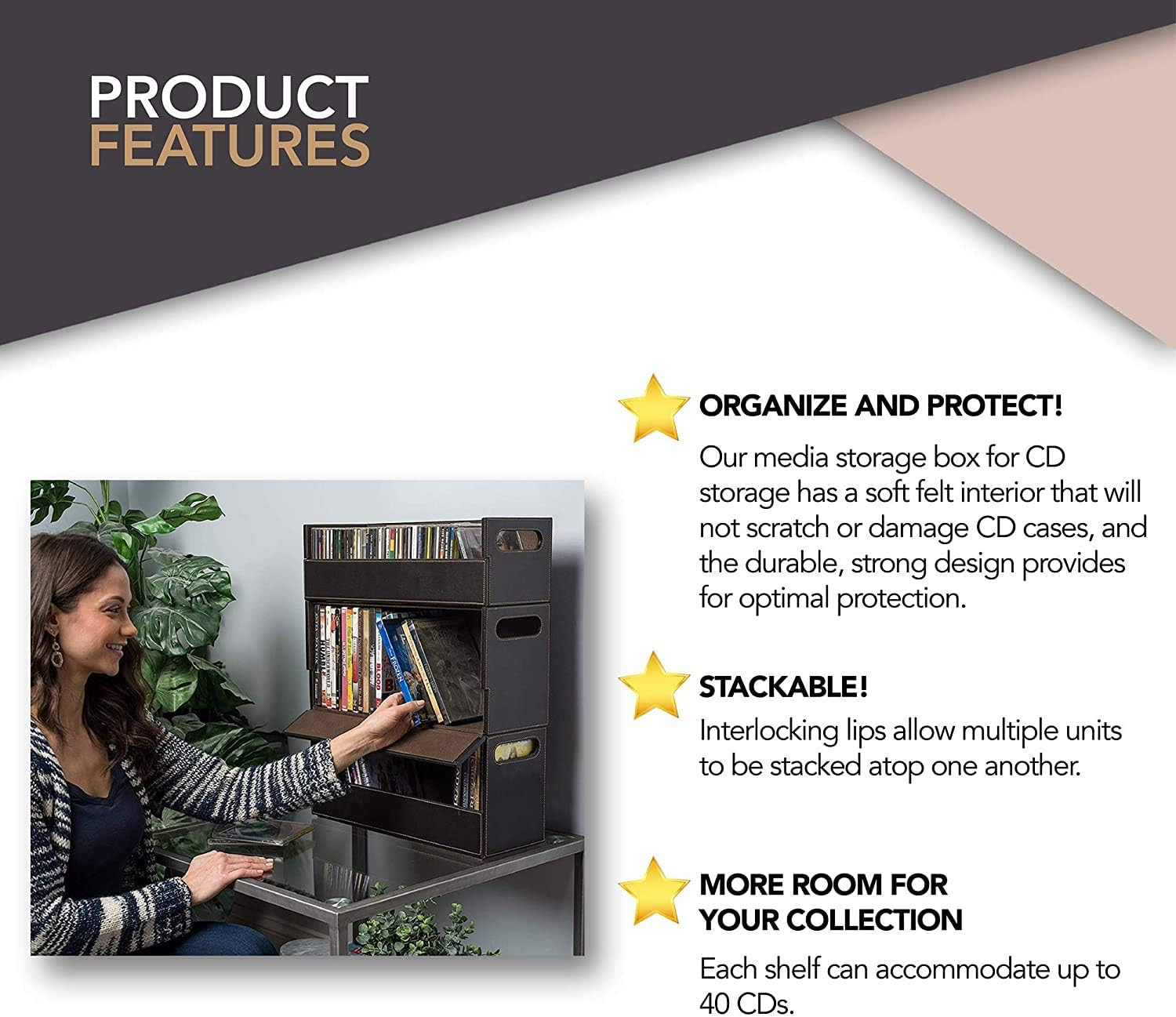 Stock Your Home Stacking CD Tray and Media Storage Box for CD Shelf Storage and Organization Holds 40 Cds - Chocolate image number 4