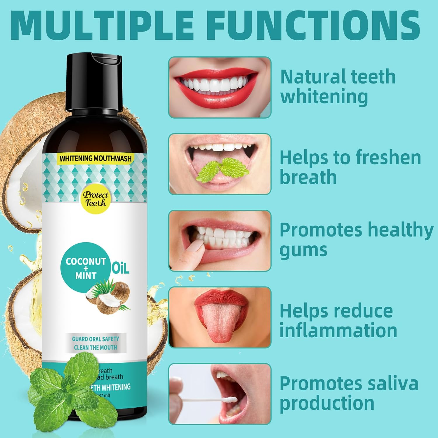 Coconut Pulling & Mint Oil Mouthwash with Tongue Scraper, Natural Coconut & Peppermint Oil-Mouthwash for Oral Care, Supports Teeth Whitening&Fresh Breath image number 3