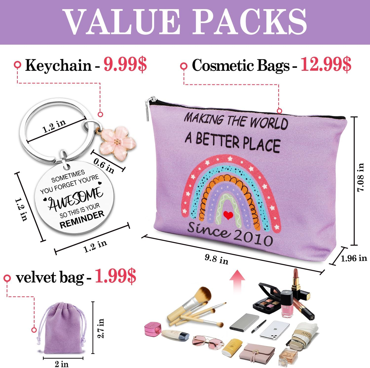 Yeohjoy 15Th Birthday Gifts for Girls: Purple Rainbow Makeup Bag & Inspirational Keychain, Perfect for Daughter, Niece, Granddaughter, Travel & Daily Use image number 3