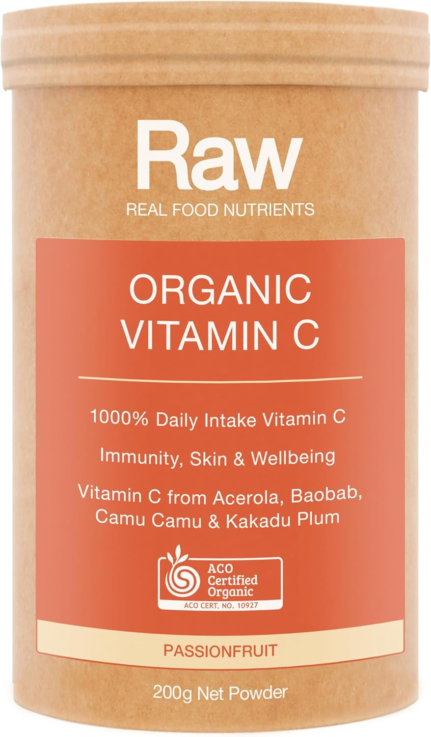Raw Real Food Nutrients Organic Vitamin C - Passionfruit Flavour | Certified Organic, Plant-Based, Non-Synthetic | Immune Support, Collagen & Skin Health, Gut & Prebiotic Support &ndash; 200G image number 1