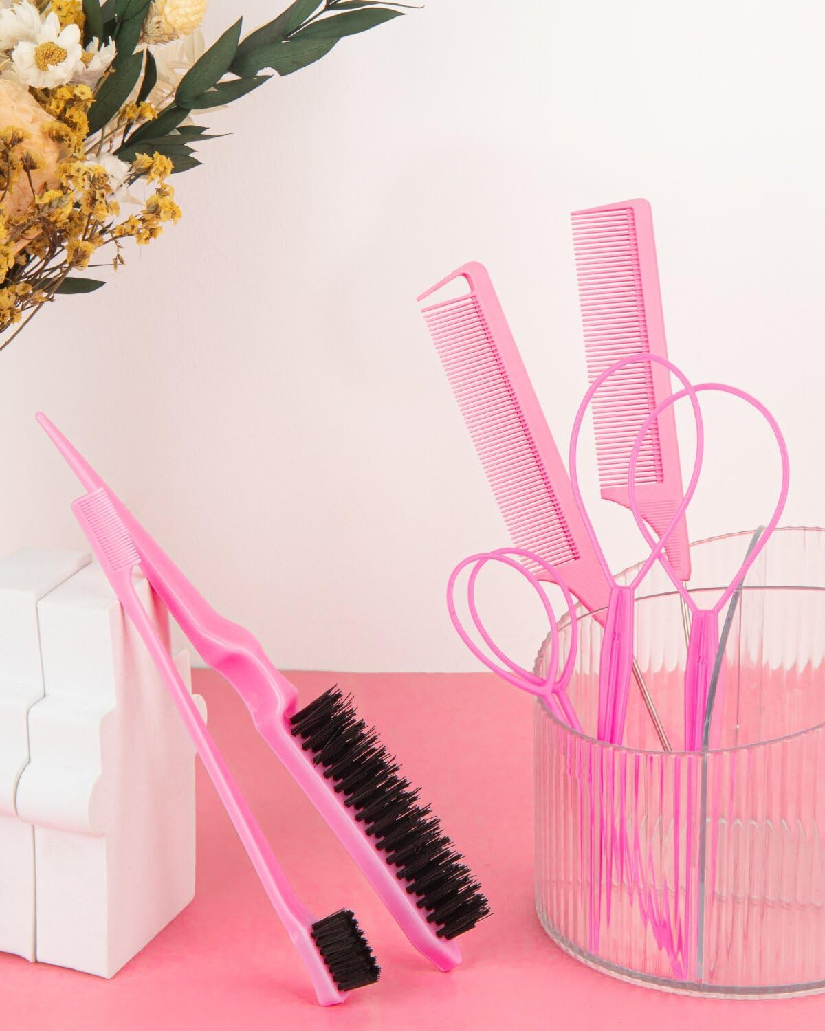Aigee 8Pcs Hair Styling Combs Set Include 4Pcs Topsy Hair Tail Tools 2 Styles of Rat Tail Comb,1Pcs Bristle Teasing Slick Back Hair Brush,1Pcs Edge Control Brush,Eyebrow Brush for Woman Girl Pink image number 3