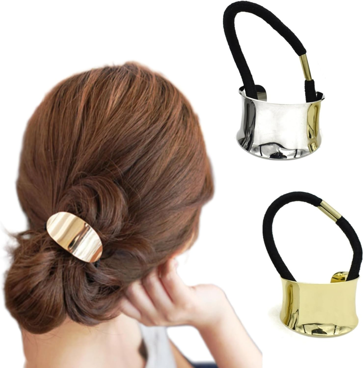 2Pcs Metal Oval Semicircle Hollow Heart-Shaped Ponytail Elastic Rubber Band Hair Tie Hair Accessories for Women and Girls image number 1