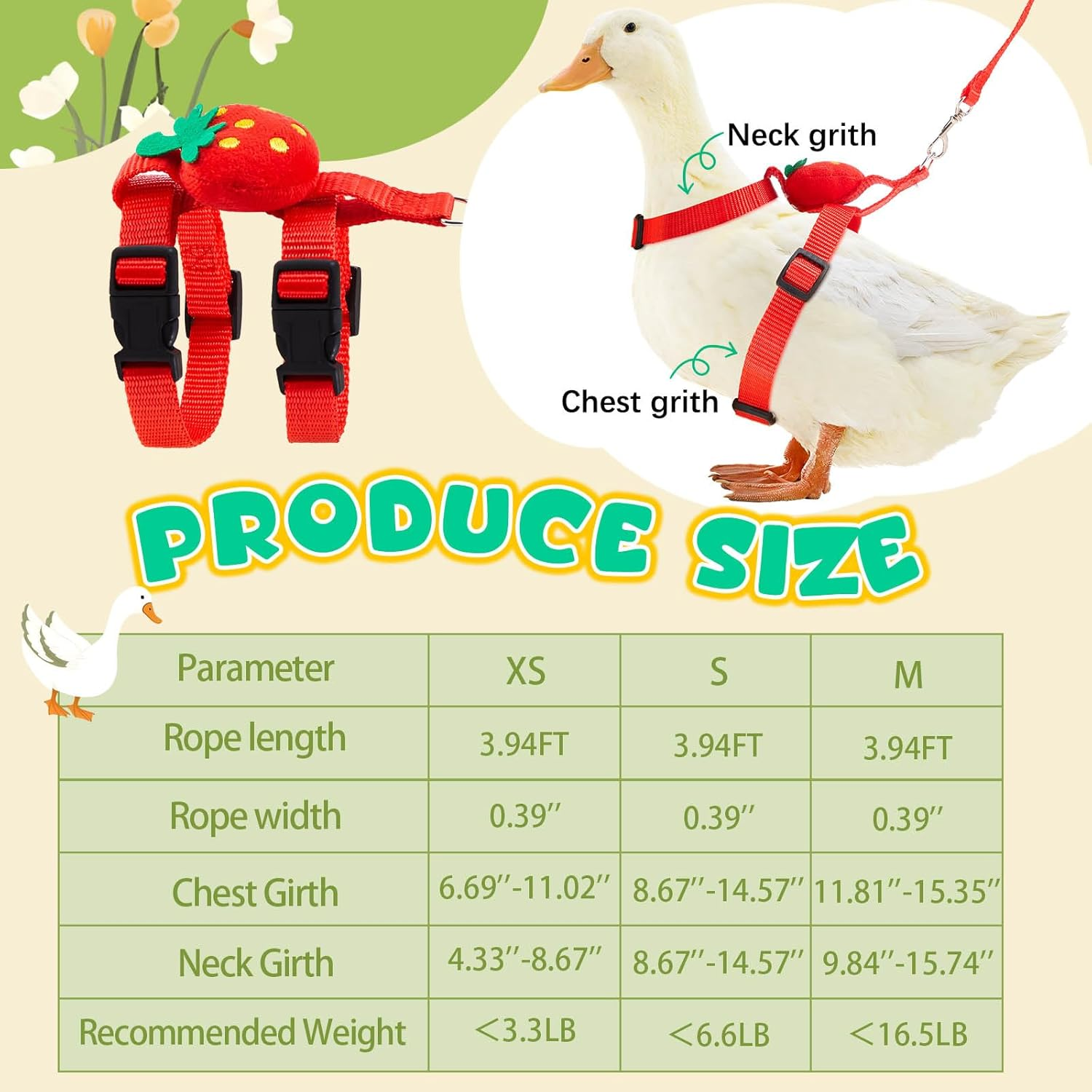 Siltriangle Cole Duck Harness Leash Set Adjustable Walking Cole Duck Harness Rope Pet Vest Cute Strawberry Pattern Outdoor Training Traction Rope for Chicken Rabbit Kitten Pig Puppy Small Animals(Xs) image number 2